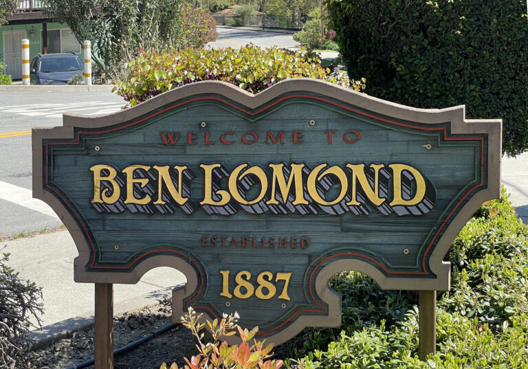 Picture of old fashioned looking sign which says, "Welcome to Ben Lomond established 1887"